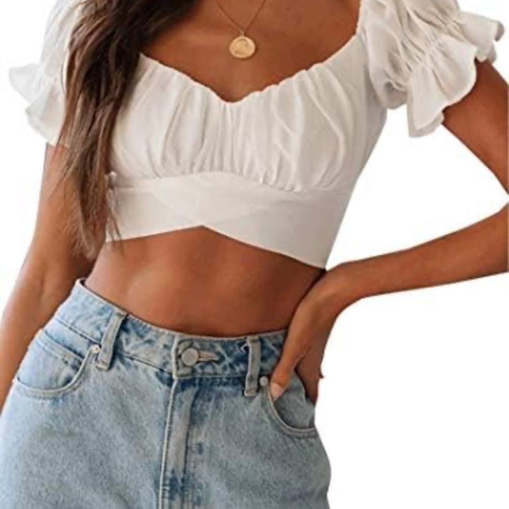 White Ruffle Sleeve Crop Top
